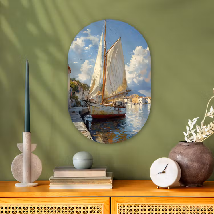 Muurovaal - Kunststof - Zeilschip - Huizen - Kade - Zee — 2