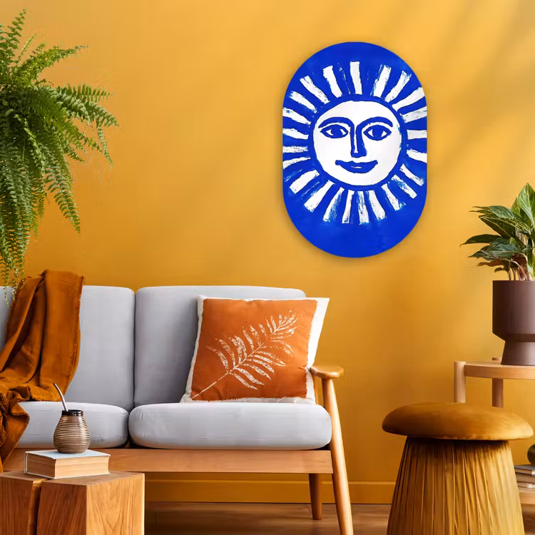 Muurovaal - Kunststof - Zon - Gezicht - Penseelstructuur - Blauw — 1