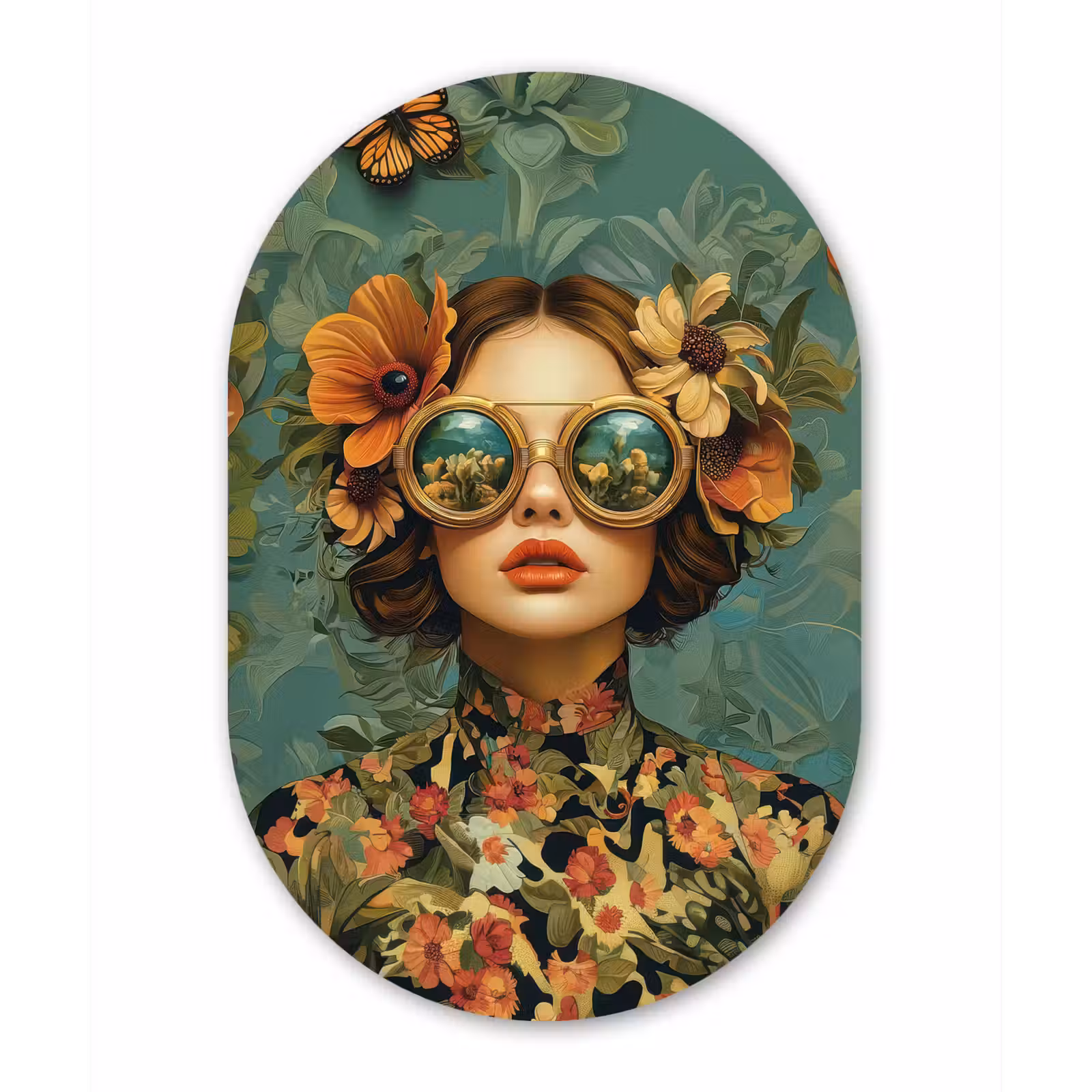 Muurovaal - Kunststof - Vrouw - Bloemen - Vlinders - Natuur - Vintage — 1