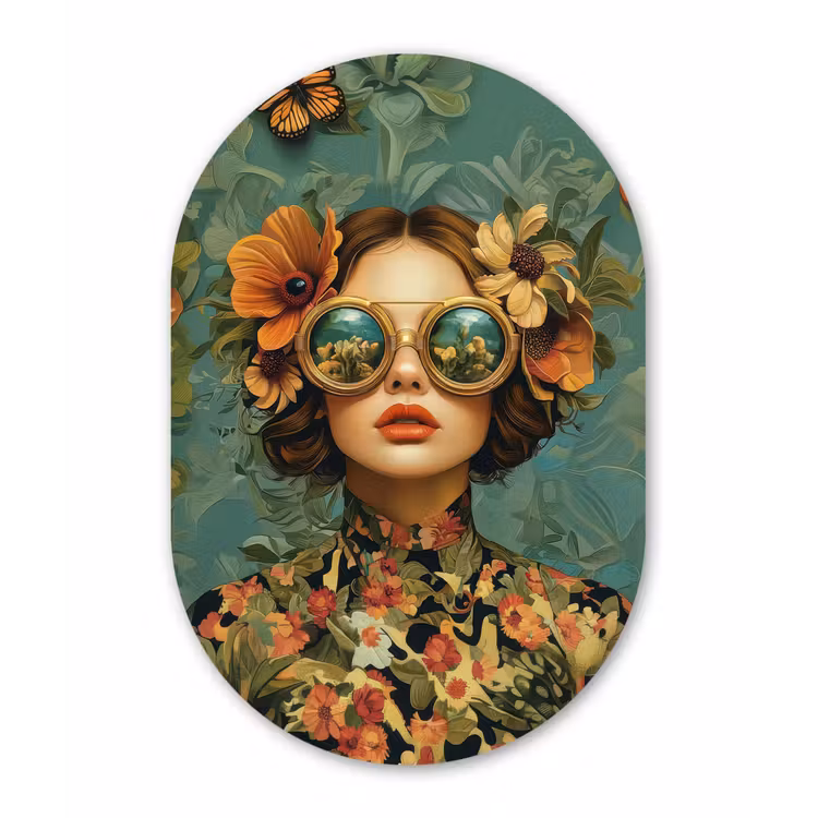 Muurovaal - Kunststof - Vrouw - Bloemen - Vlinders - Natuur - Vintage — 1