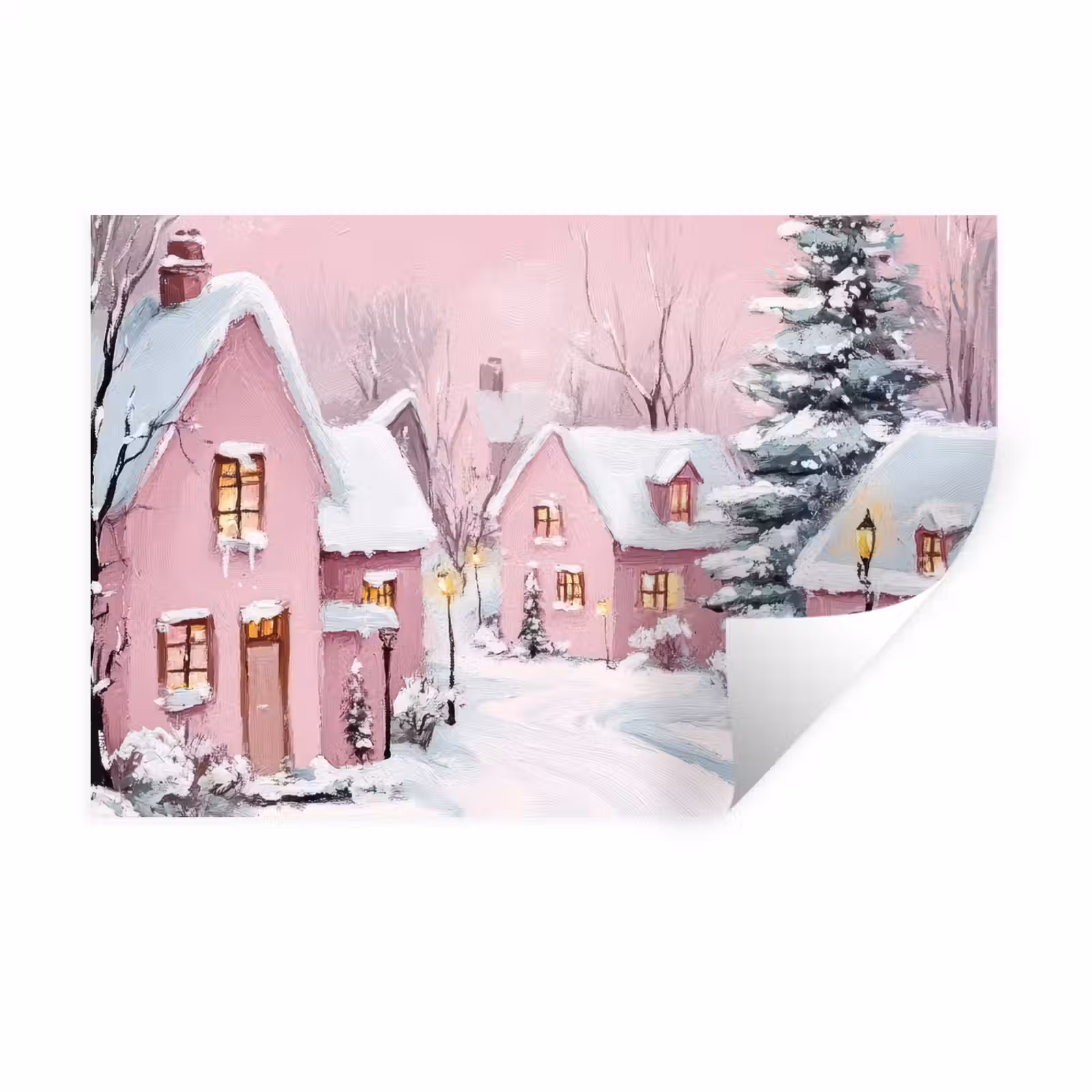 Muursticker - Kerstdorp - Roze - Winter - Sneeuw - Huizen — 1