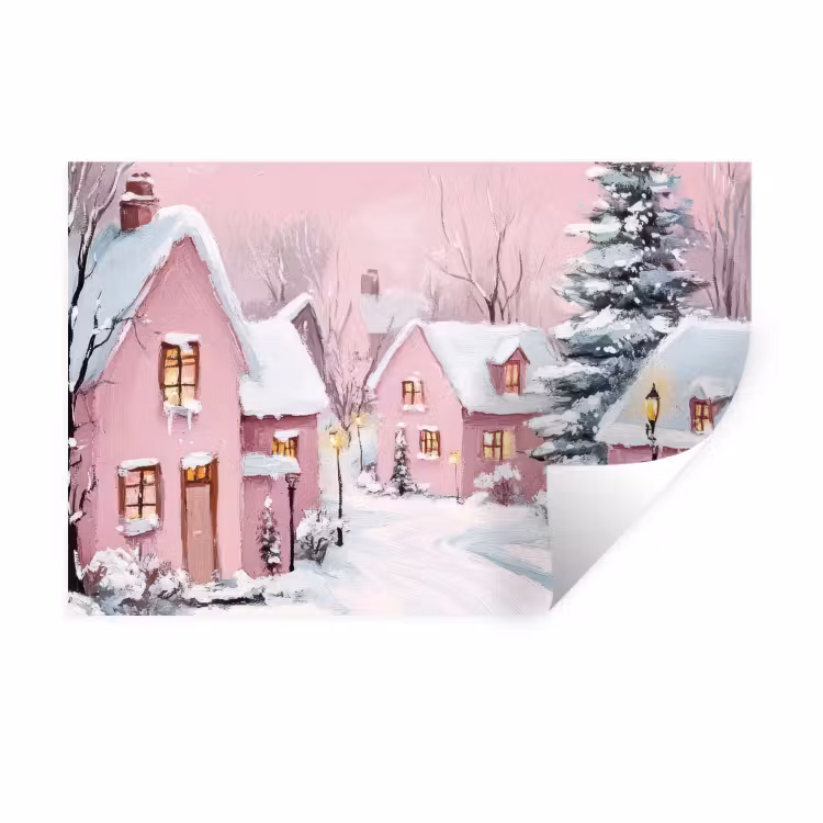 Muursticker - Kerstdorp - Roze - Winter - Sneeuw - Huizen — 1