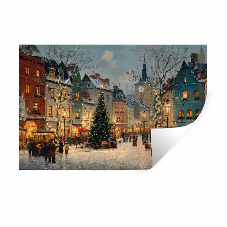 Muursticker - Kerstsfeer - Stadsplein - Kleurrijk — 1