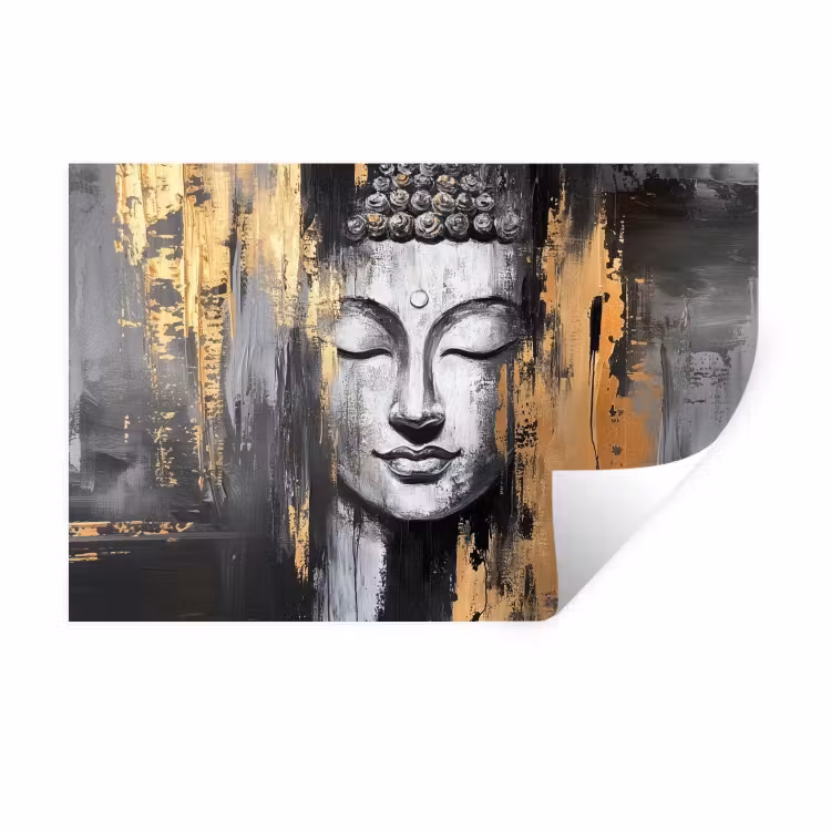Muursticker - Boedhha - Penseelstreken - Goud - Abstract — 1