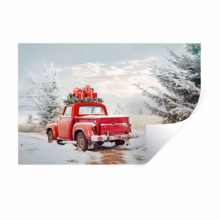 Muursticker - Auto - Rood - Cadeaus - Winter - Sneeuw - Kerst — 1