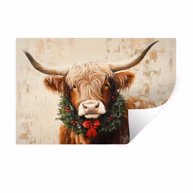 Muursticker - Kerst - Schotse Hooglander - Bruin - Krans — 1