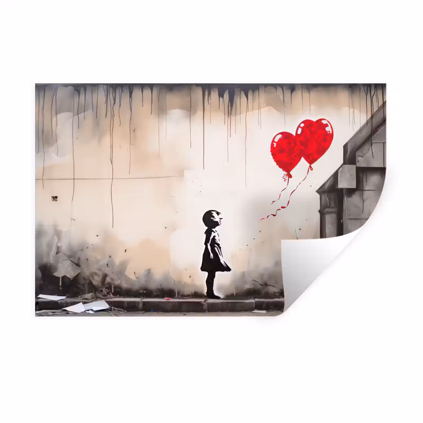 Muursticker - Kunst - Meisje - Ballonnen - Hart - Grijs — 1