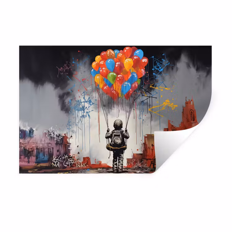 Muursticker - Jongen - Ballonnen - Gebouwen - Kunst — 1