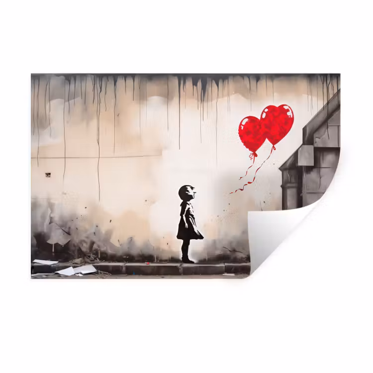 Muursticker - Kunst - Meisje - Ballonnen - Hart - Grijs — 1