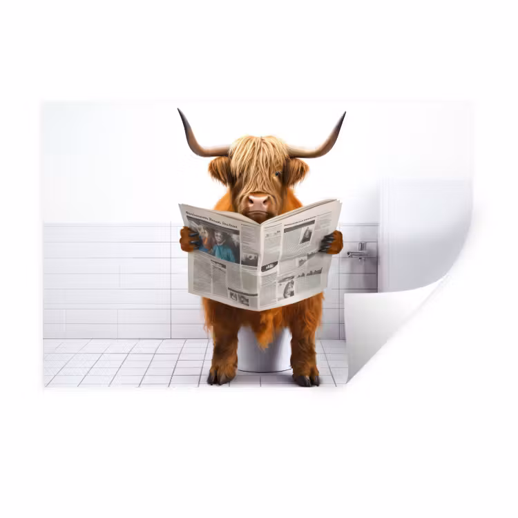 Muursticker - Schotse hooglander - Krant - Toilet - WC - Wit - Koe — 1