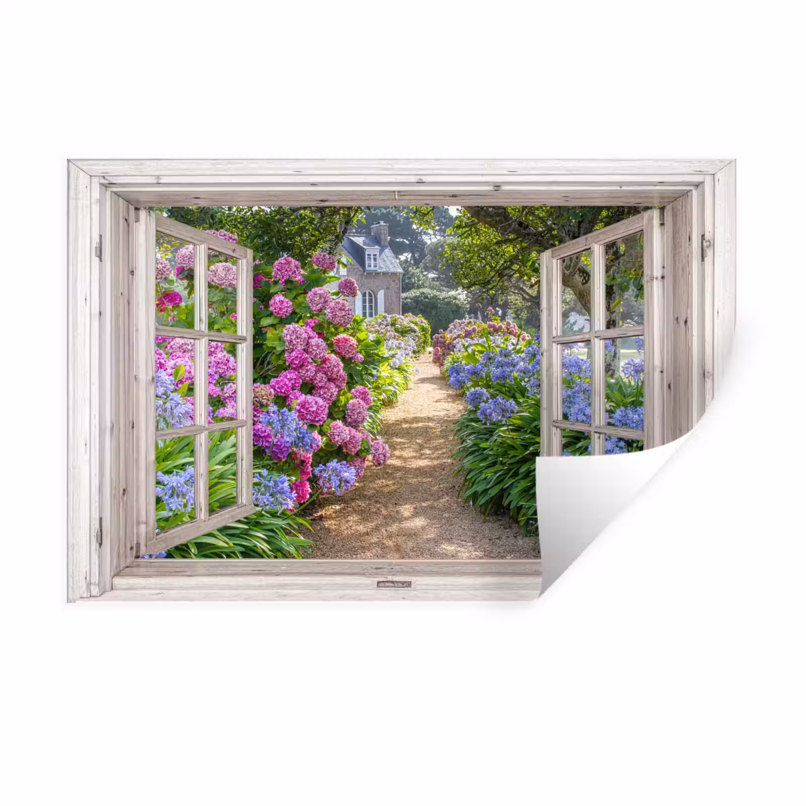 Muursticker - Hortensia - Doorkijk - Bloemen - Zomer - Paars - Pad — 1