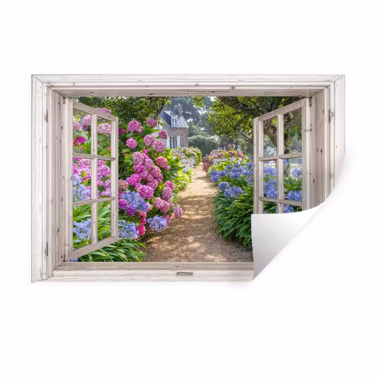 Muursticker - Hortensia - Doorkijk - Bloemen - Zomer - Paars - Pad — 1