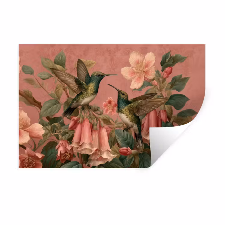 Muursticker - Kolibries - Bloemen - Groen - Roze — 1