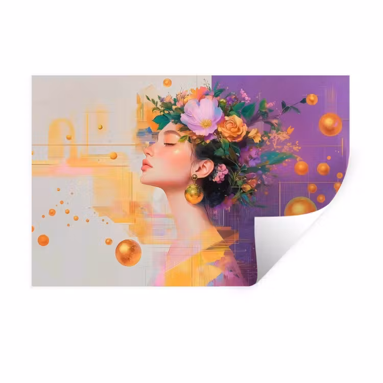 Muursticker - Abstract - Vrouw - Bloemenkroon - Goud — 1