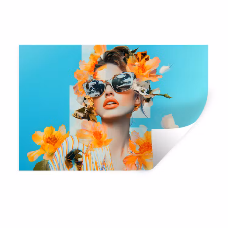 Muursticker - Bloemen - Vrouw - Zonnebril - Blauw — 1