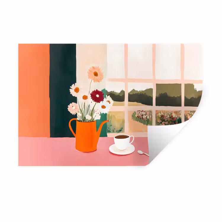 Muursticker - Bloemen - Koffie - Raam — 1