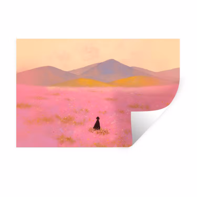 Muursticker - Bloemenweide - Heuvels - Silhouet - Roze — 1