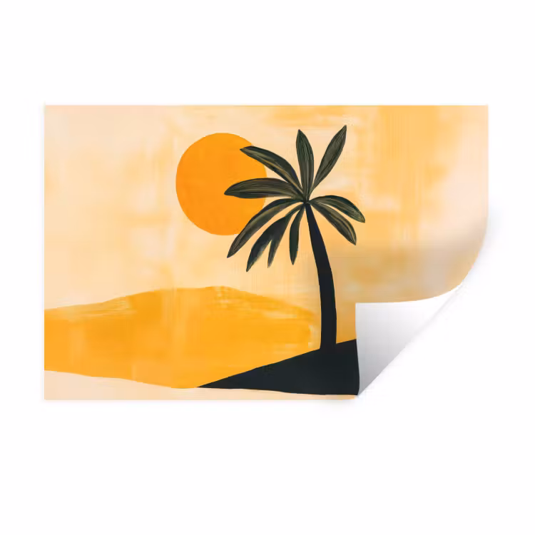 Muursticker - Illustratie - Palmboom - Zon - Heuvels — 1