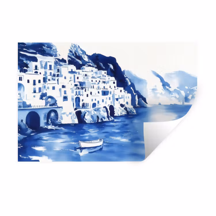 Muursticker - Dorp - Rotswand - Roeiboot - Water — 1