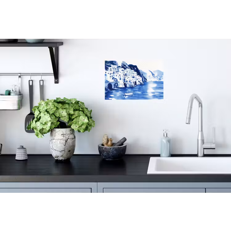 Muursticker - Dorp - Rotswand - Roeiboot - Water — 2