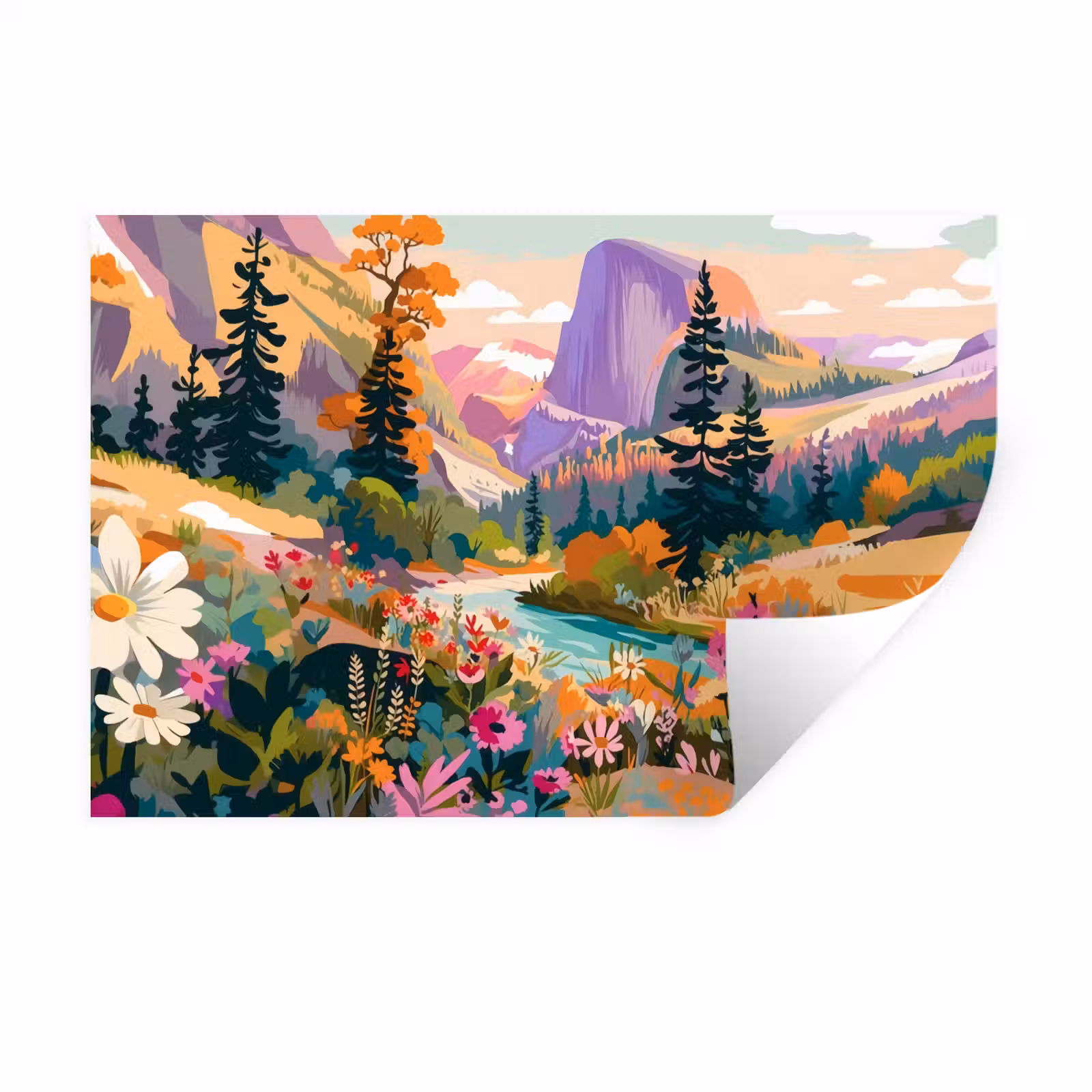 Muursticker - Rivier - Vallei vol bloemen - Levendig — 1