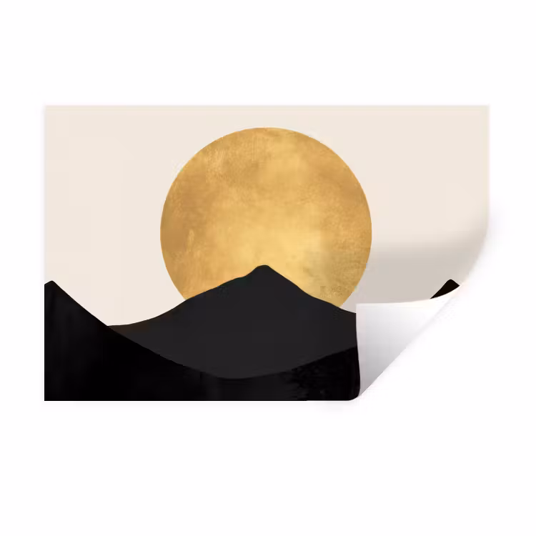 Muursticker - Bergsilhouetten - Gouden cirkel - Beige — 1