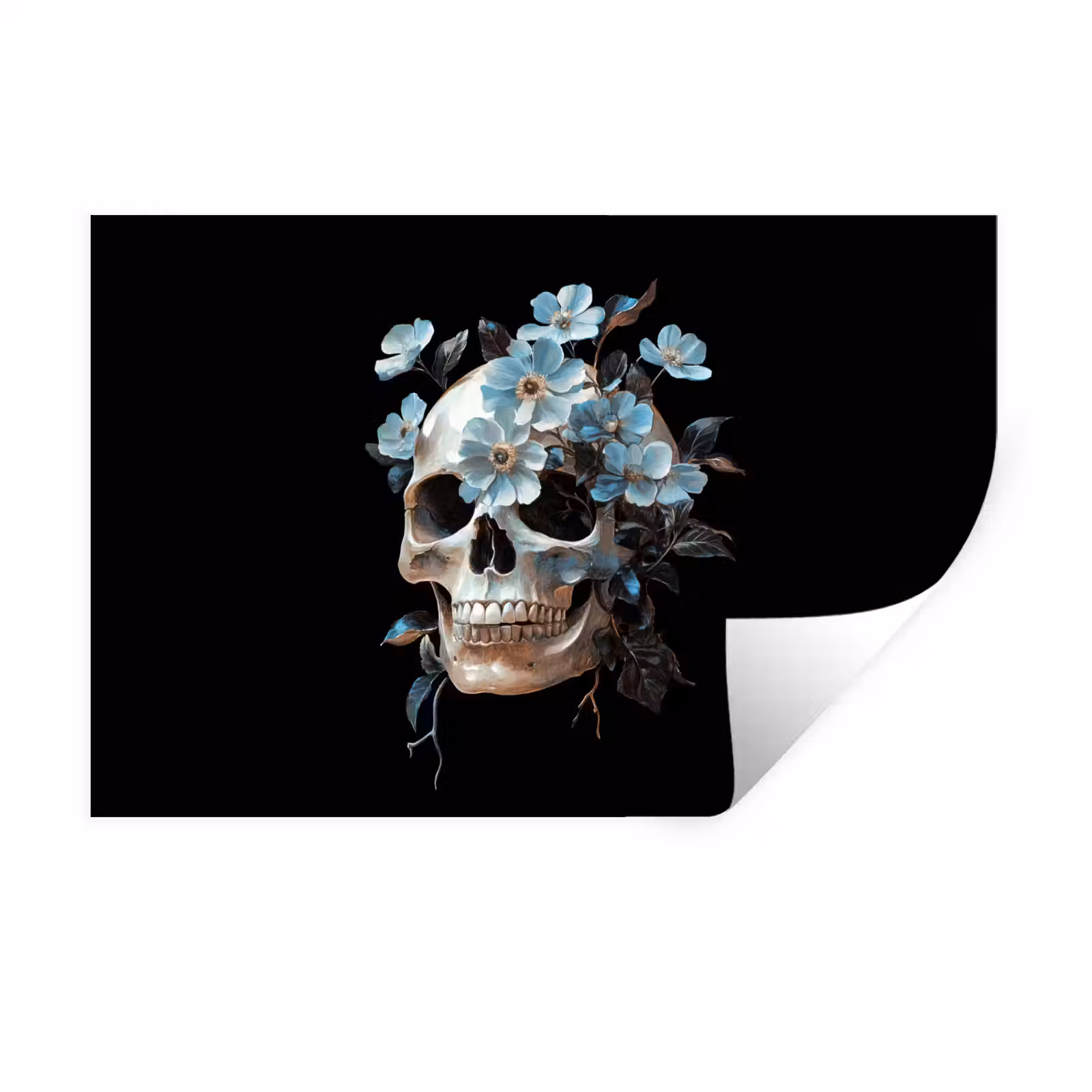 Muursticker - Schedel - Blauw - Bloemen - Bladeren — 1