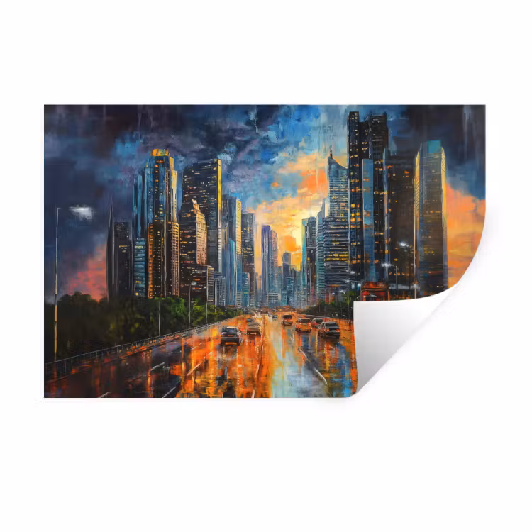 Muursticker - Auto - Skyline - Zon - Blauw — 1