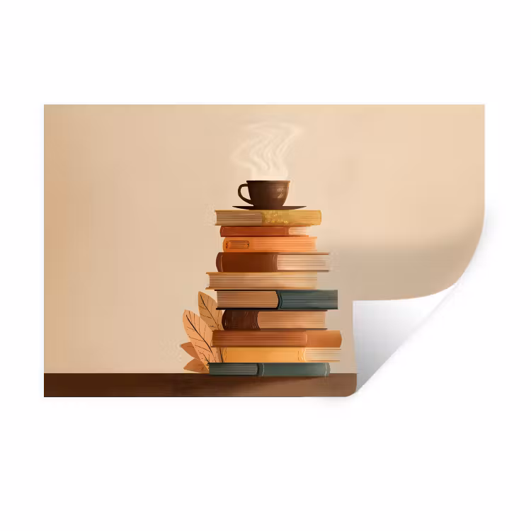 Muursticker - Boeken - Toren - Koffie - Beige — 1