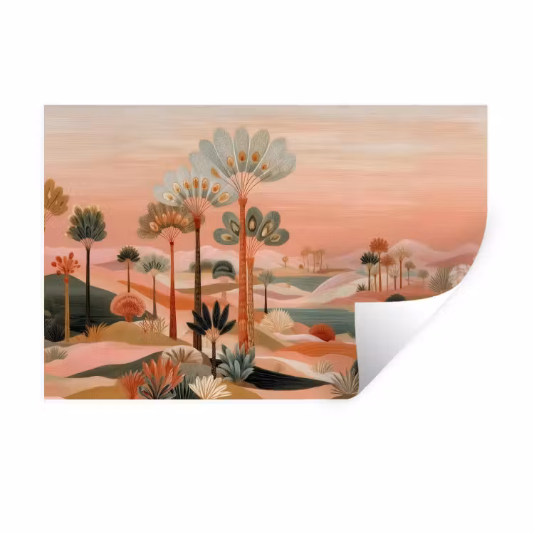 Muursticker - Roze landschap - Palmen - Water — 1