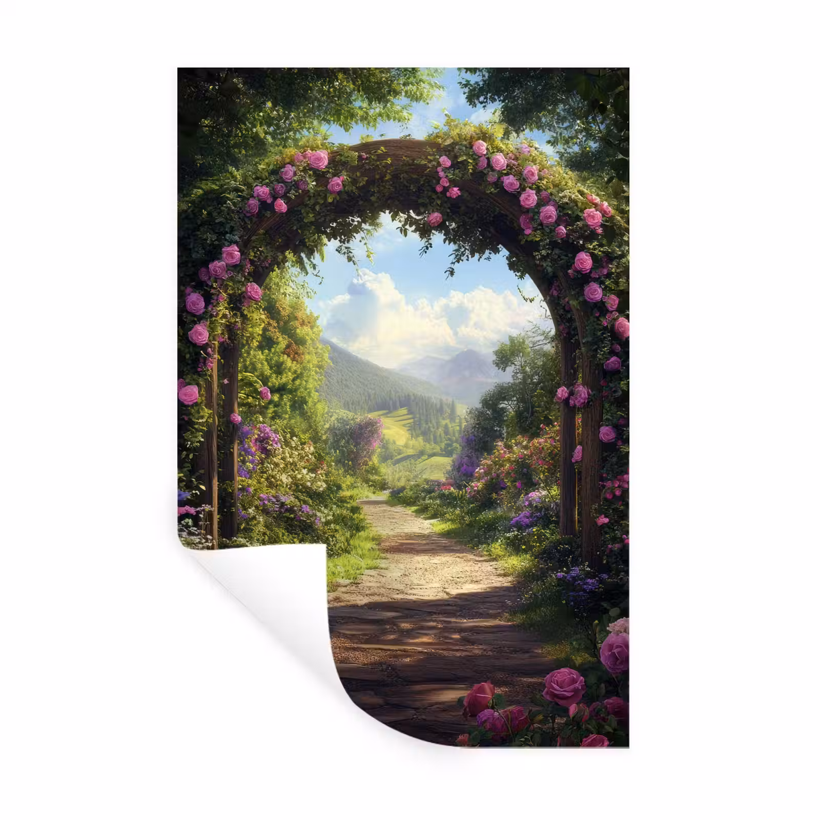Muursticker - Doorkijk - Rozenboog - Uitzicht - Landschap - Bloemen — 1