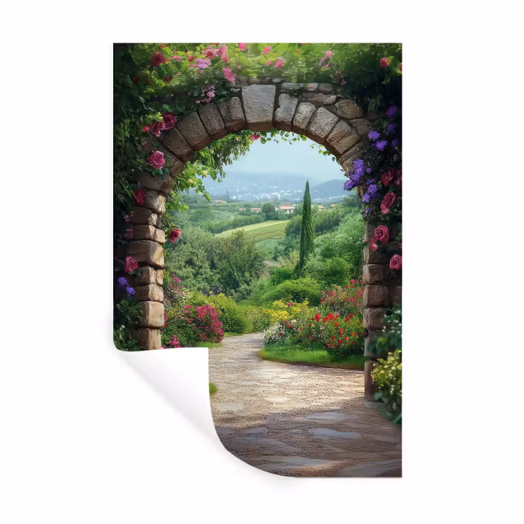 Muursticker - Doorkijk - Landschap - Bloemen - Pad - Uitzicht — 1