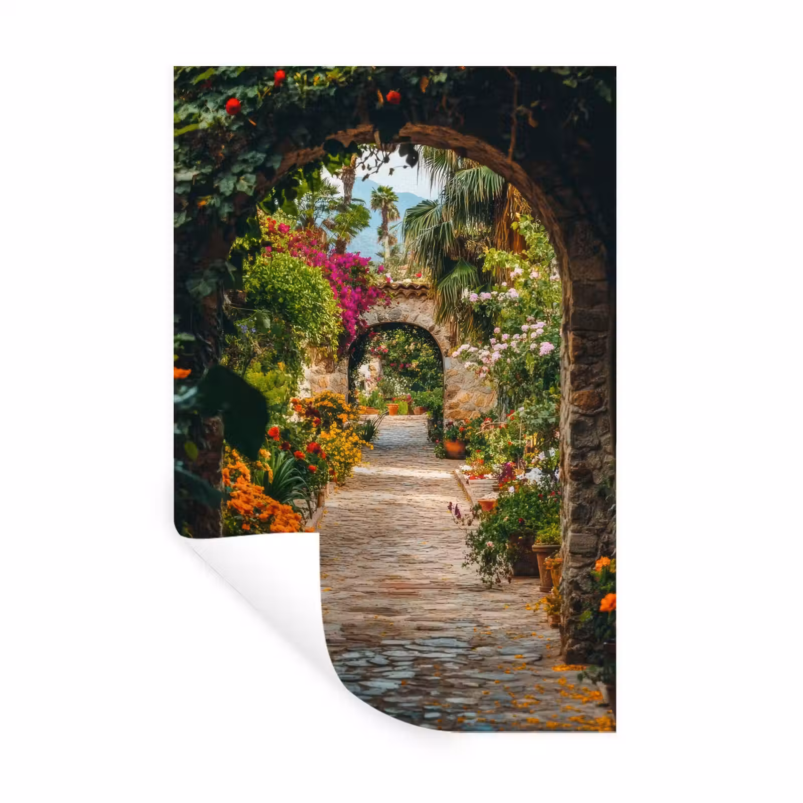 Muursticker - Doorkijk - Bloemen - Poort - Stenen — 1