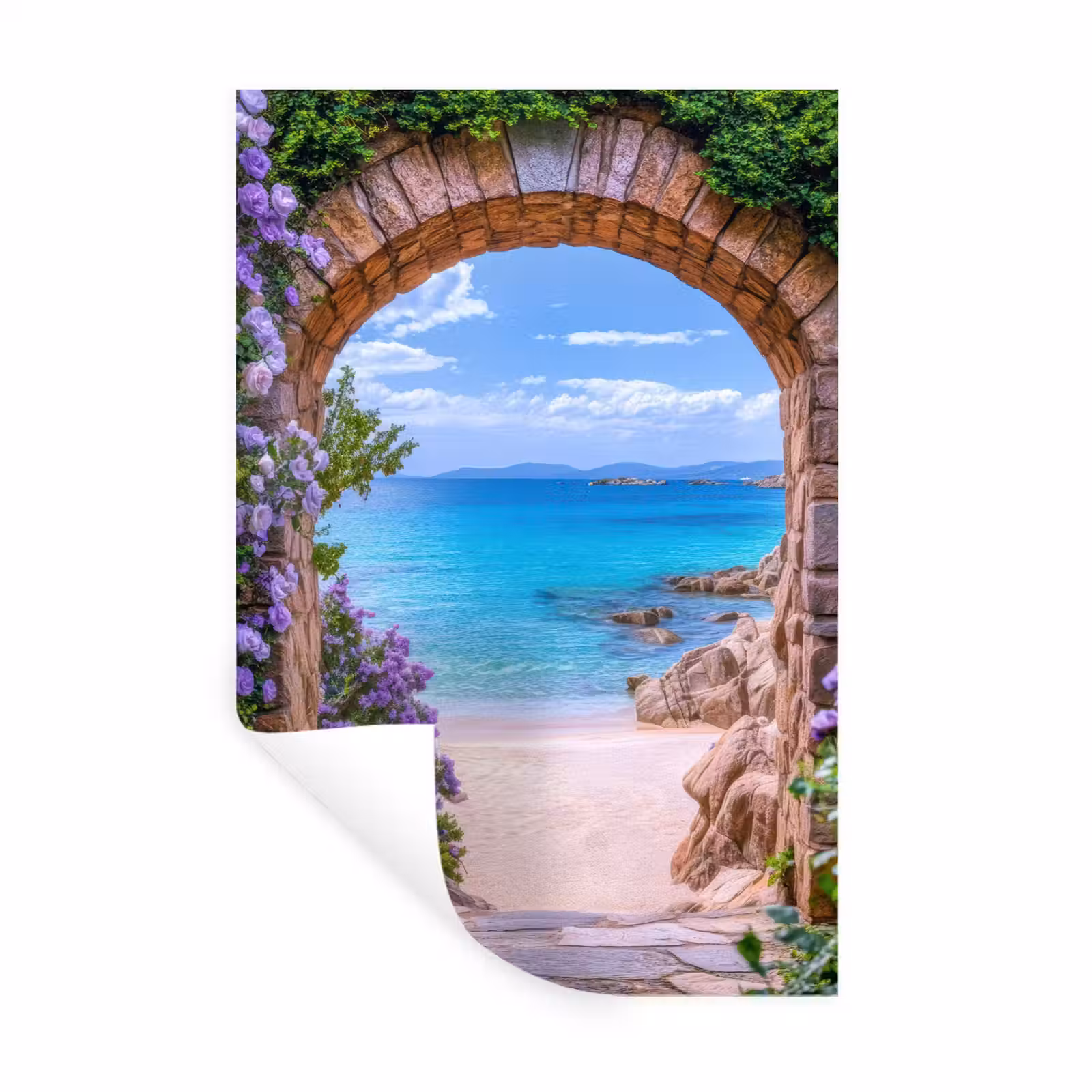 Muursticker - Doorkijk - Poort - Zee - Strand - Rotsen — 1