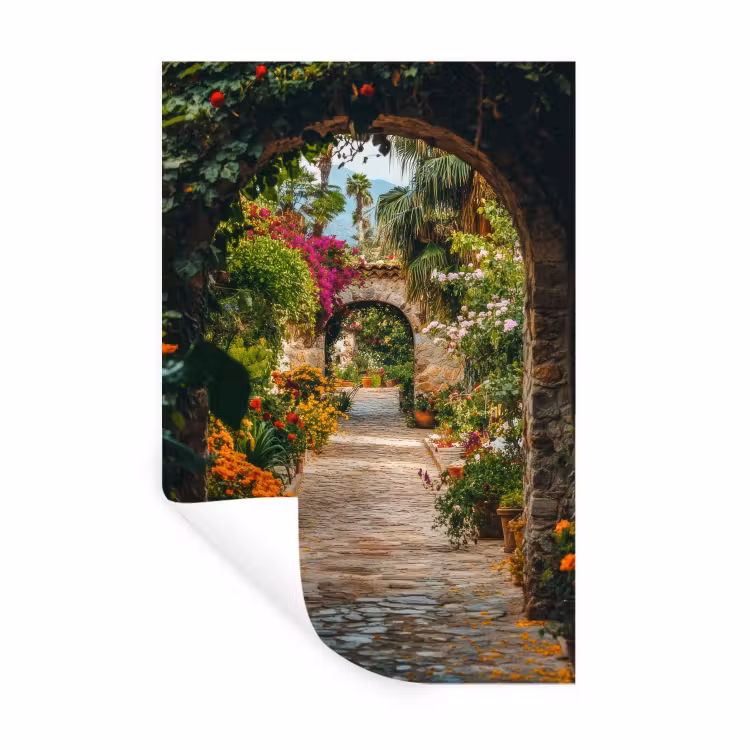 Muursticker - Doorkijk - Bloemen - Poort - Stenen — 1