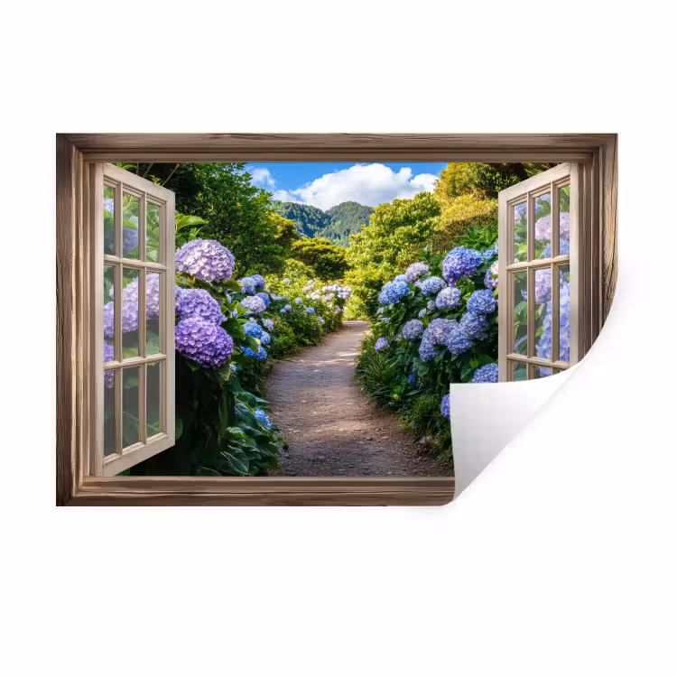 Muursticker - Doorkijk - Hortensia - Pad - Natuur — 1