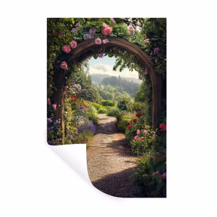 Muursticker - Doorkijk - Landschap - Bloemen - Rozenboog - Natuur — 1