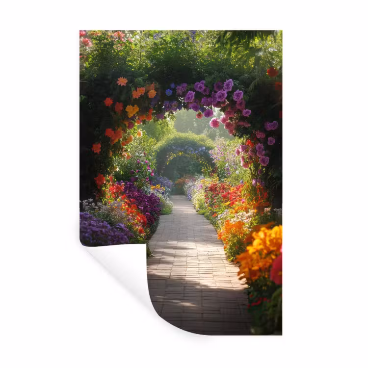 Muursticker - Doorkijk - Pad - Bloemen - Struik - Kleurrijk — 1