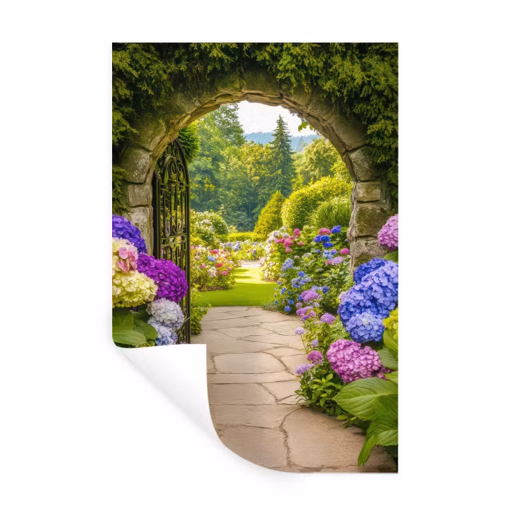 Muursticker - Doorkijk - Poort - Hortensia - Bloementuin — 1