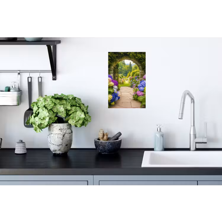 Muursticker - Doorkijk - Poort - Hortensia - Bloementuin — 2