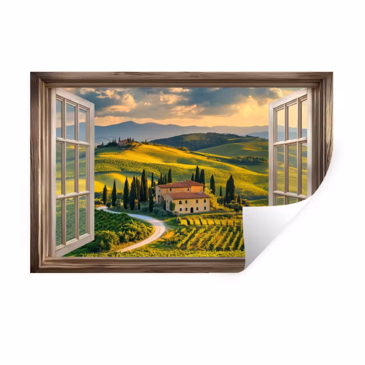 Muursticker - Doorkijk - Toscane - Uitzicht - Landschap - Zomer — 1