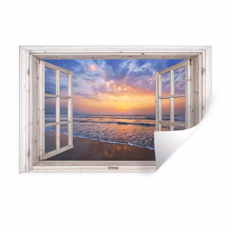 Muursticker - Doorkijk - Zee - Strand - Zonsondergang - Blauw — 1