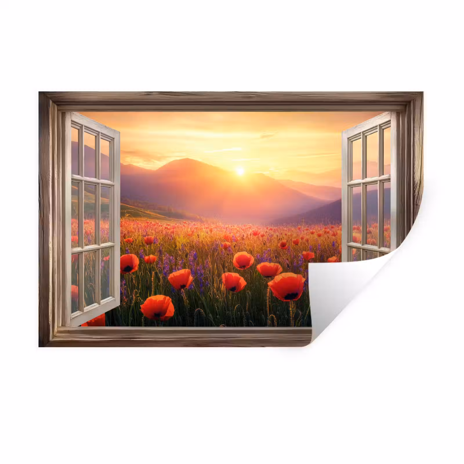Muursticker - Doorkijk - Klaprozen - Bloemen - Rood - Open raam — 1