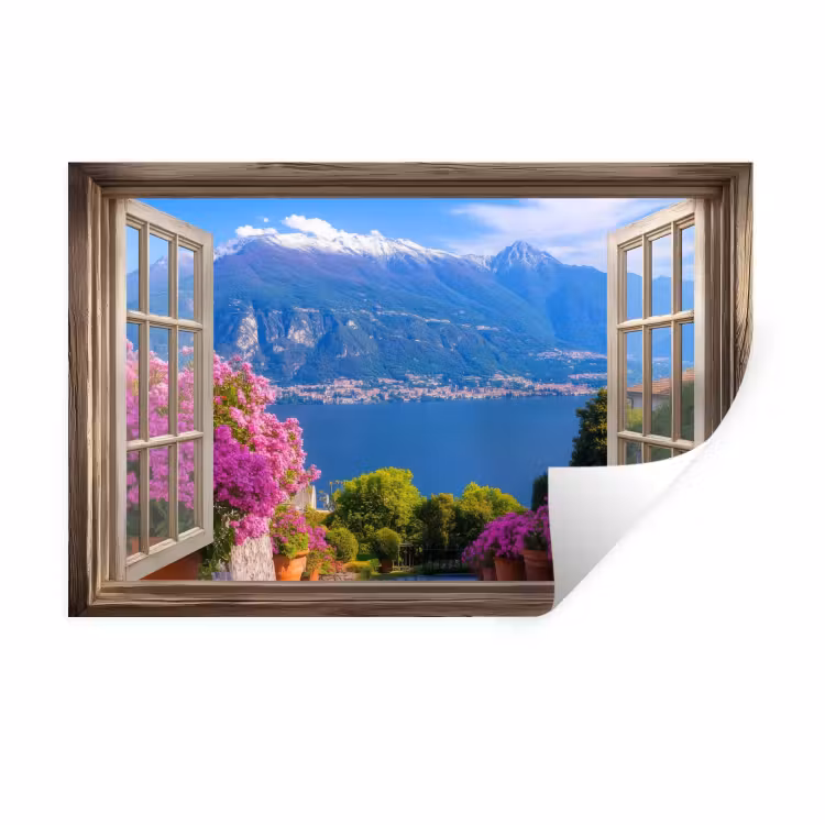 Muursticker - Doorkijk - Berg - Landschap - Uitzicht - Meer — 1