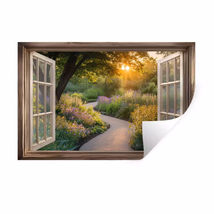 Muursticker - Doorkijk - Bloemen - Natuur - Zon - Pad — 1