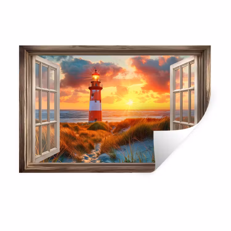 Muursticker - Doorkijk - Raam - Vuurtoren - Zonsondergang - Strand — 1