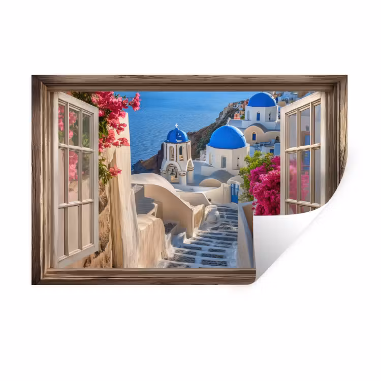 Muursticker - Doorkijk - Santorini - Landschap - Blauw - Grieks — 1
