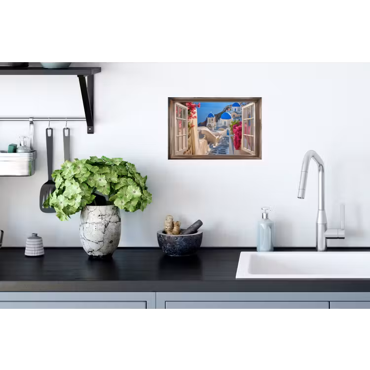 Muursticker - Doorkijk - Santorini - Landschap - Blauw - Grieks — 2