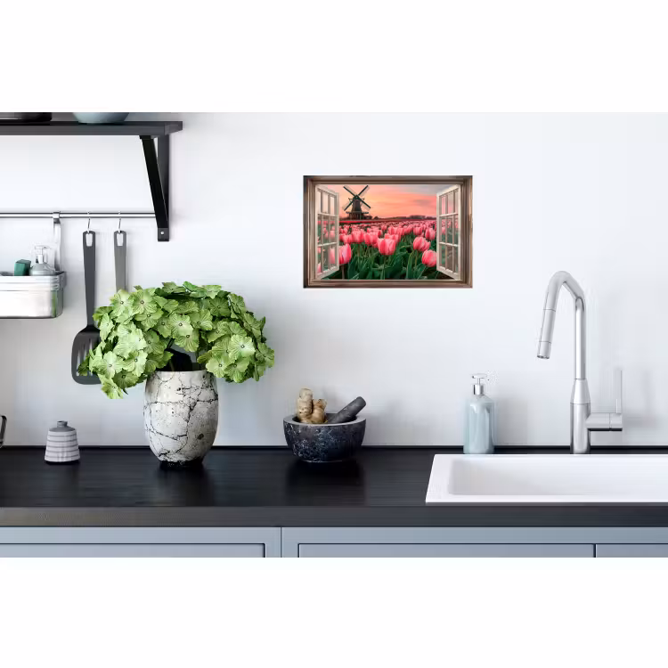 Muursticker - Doorkijk - Tulpen - Bloemen - Molen - Raam — 2