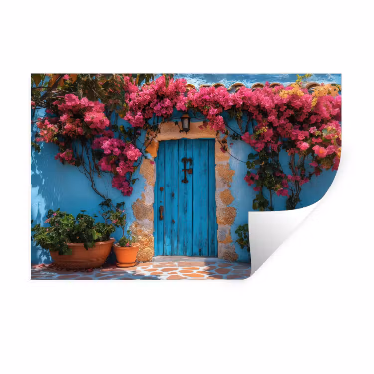 Muursticker - Deur - Hout - Bloemen - Blauw — 1